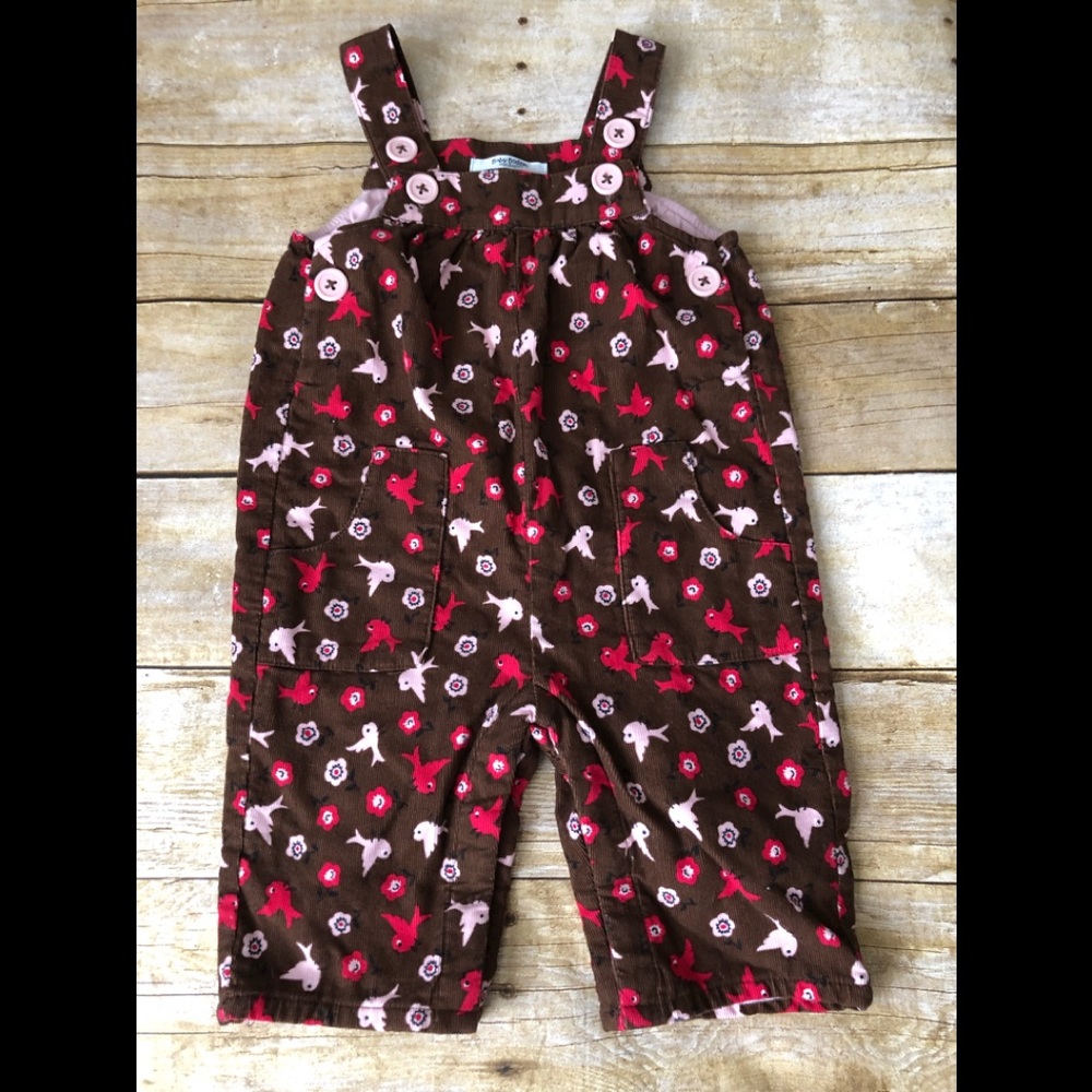 Baby boden Brown Corduroy romper with pink. Birds